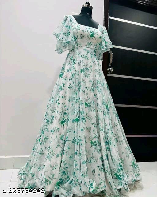 Anveri Stylish Women’s Floral Printed Net Gown with Puff Sleeves