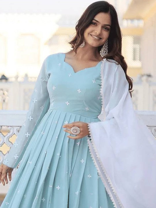 Pastel Blue Embroidered Anarkali with White Dupatta