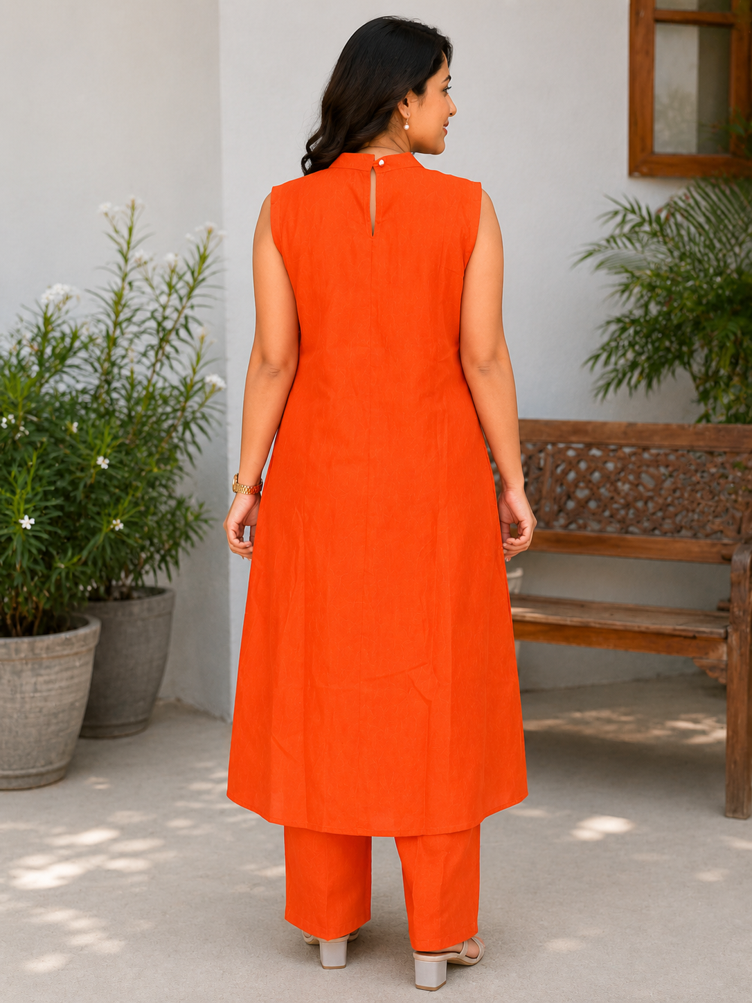 Anveri Women's Orange Embroidered Straight Kurta Pant Set