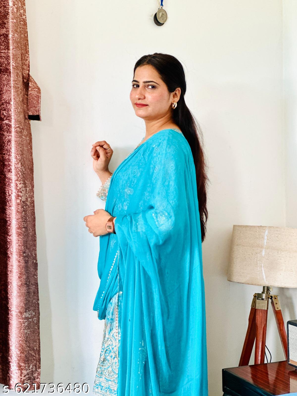 Anveri Women Blue Printed Kurta Sharara Set with Dupatta | Party Wear Wedding Festive Ethnic Suit