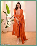Anveri Elegant Rust Orange Embroidered Kurta Set with Dupatta