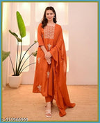 Anveri Elegant Rust Orange Embroidered Kurta Set with Dupatta