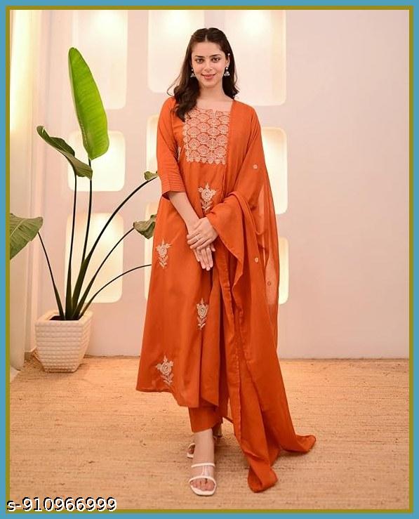 Anveri Elegant Rust Orange Embroidered Kurta Set with Dupatta