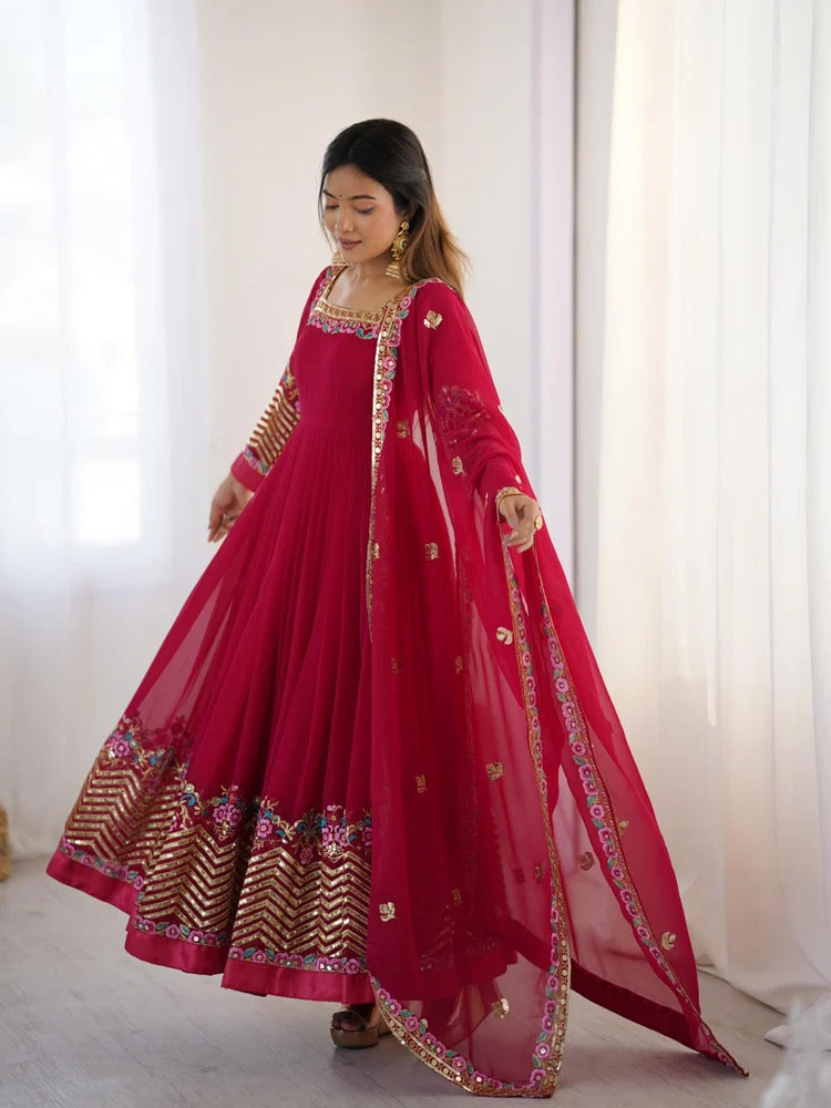 anveri Women's Embroidered Faux Georgette Anarkali Gown with Dupatta | Party Wear Ethnic Gown Set