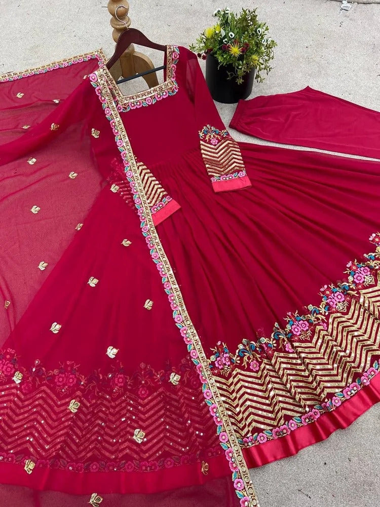 anveri Women's Embroidered Faux Georgette Anarkali Gown with Dupatta | Party Wear Ethnic Gown Set