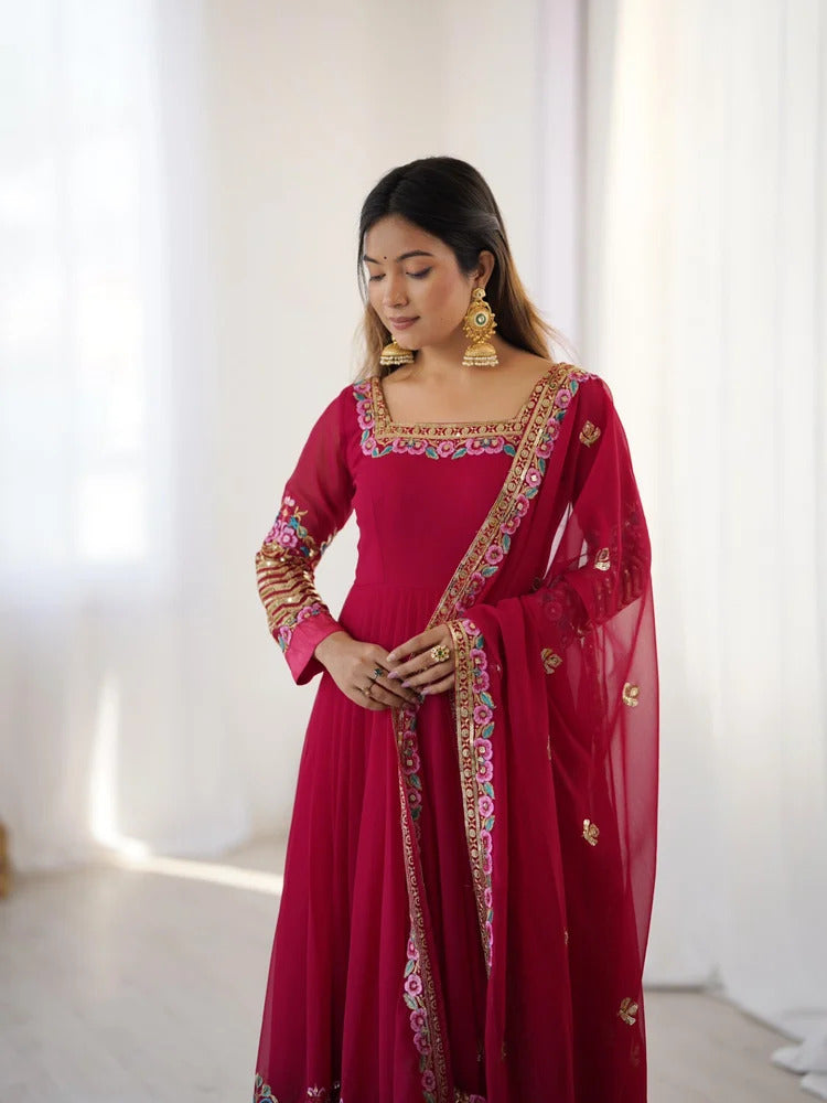 anveri Women's Embroidered Faux Georgette Anarkali Gown with Dupatta | Party Wear Ethnic Gown Set