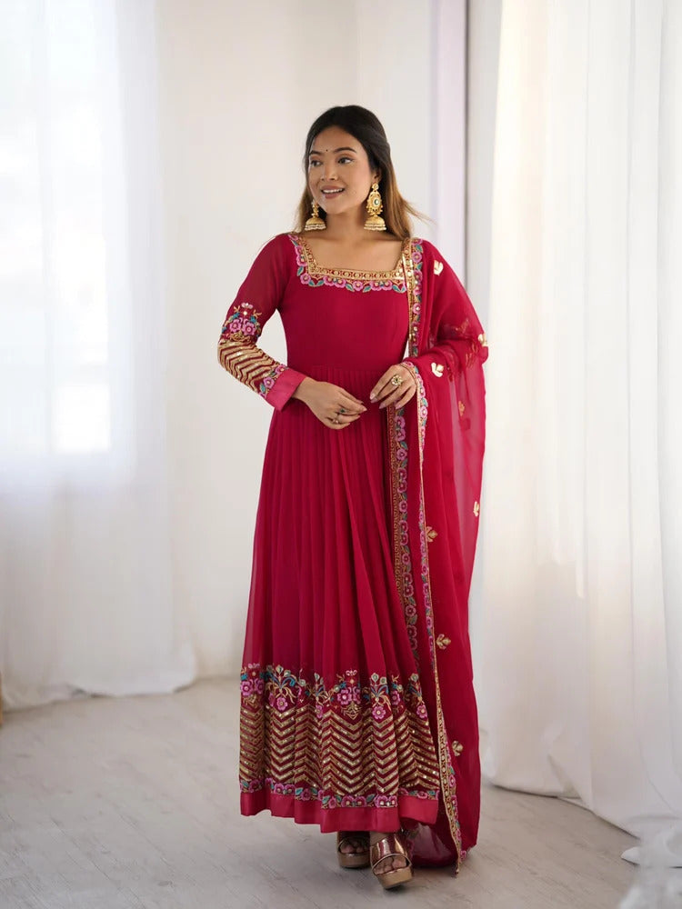 anveri Women's Embroidered Faux Georgette Anarkali Gown with Dupatta | Party Wear Ethnic Gown Set