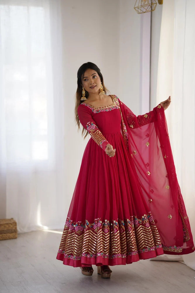 anveri Women's Embroidered Faux Georgette Anarkali Gown with Dupatta | Party Wear Ethnic Gown Set