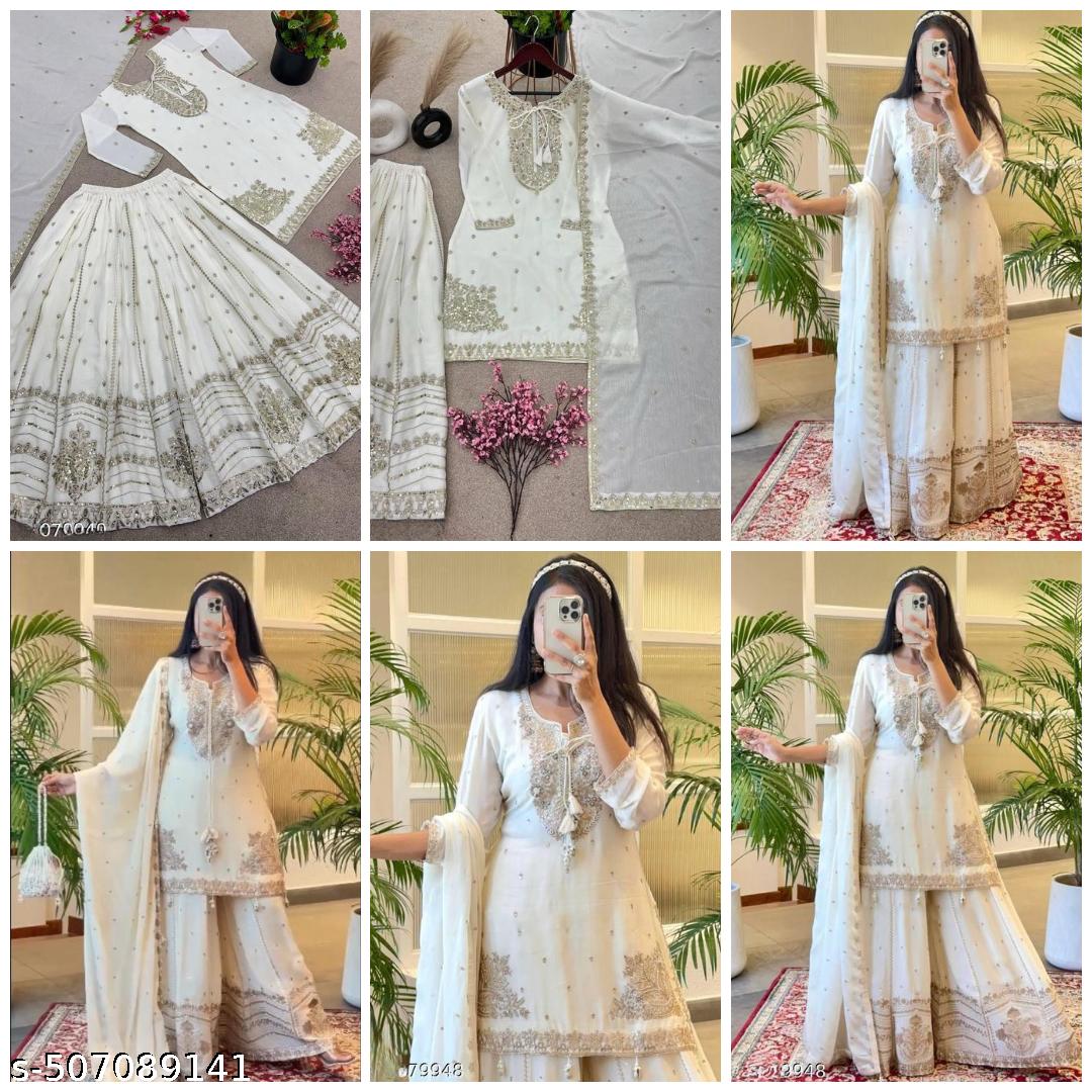 Anveri Women’s Elegant Embroidered Kurta Sharara Set with Dupatta | Festive Wear Party & Wedding Suit