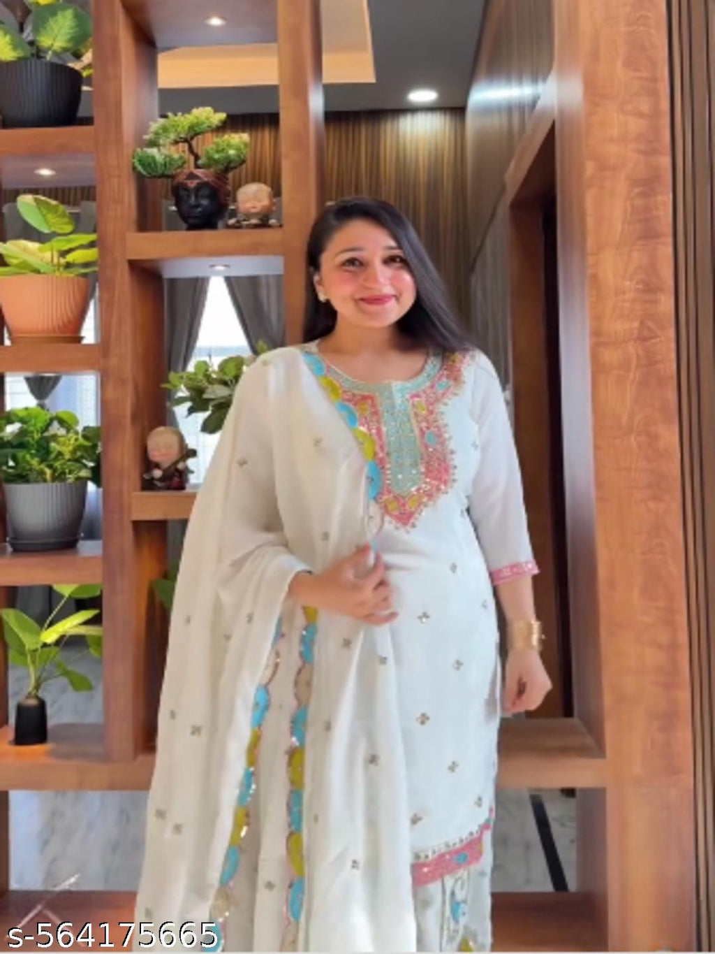 Anveri Elegant White Georgette Kurta Set with Multicolor Embroidery & Dupatta – Festive Ethnic Wear for Women