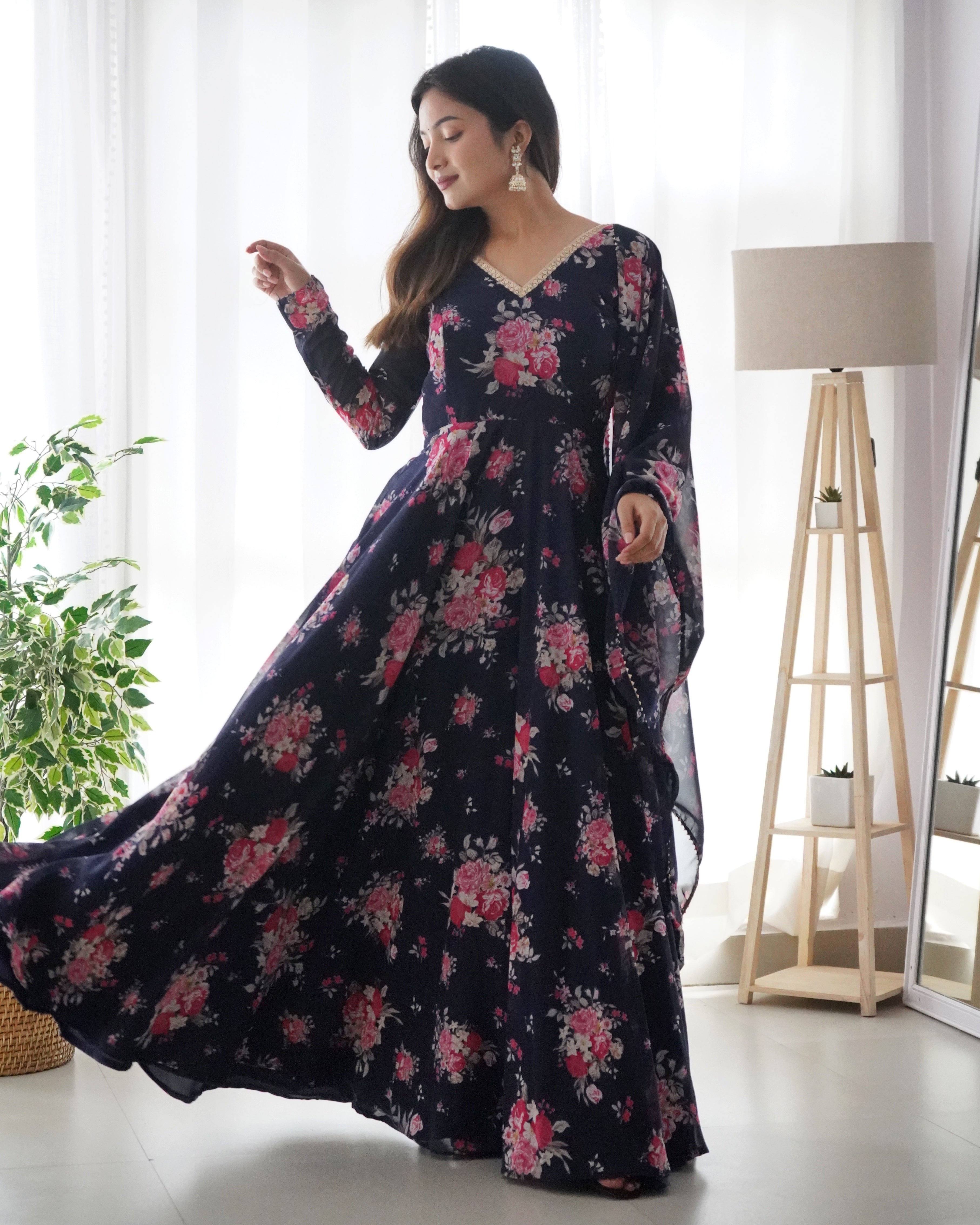 Pure Soft Fox Georgette Blue Anarkali Suit Set With Huge Flair & Dupatta