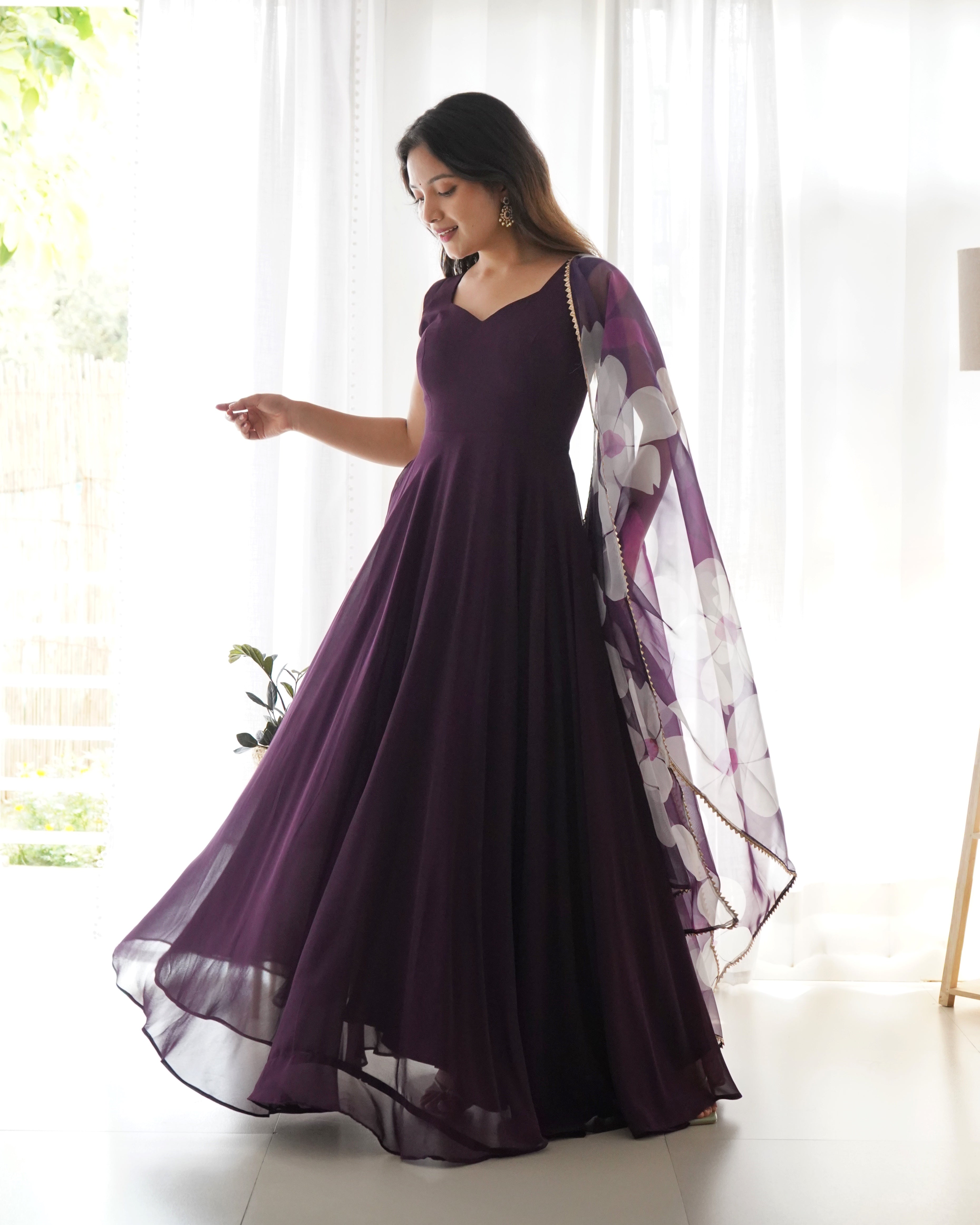 Pure Soft Fox Georgette Full Flared Gown Set With Huge Flair & Dupatta