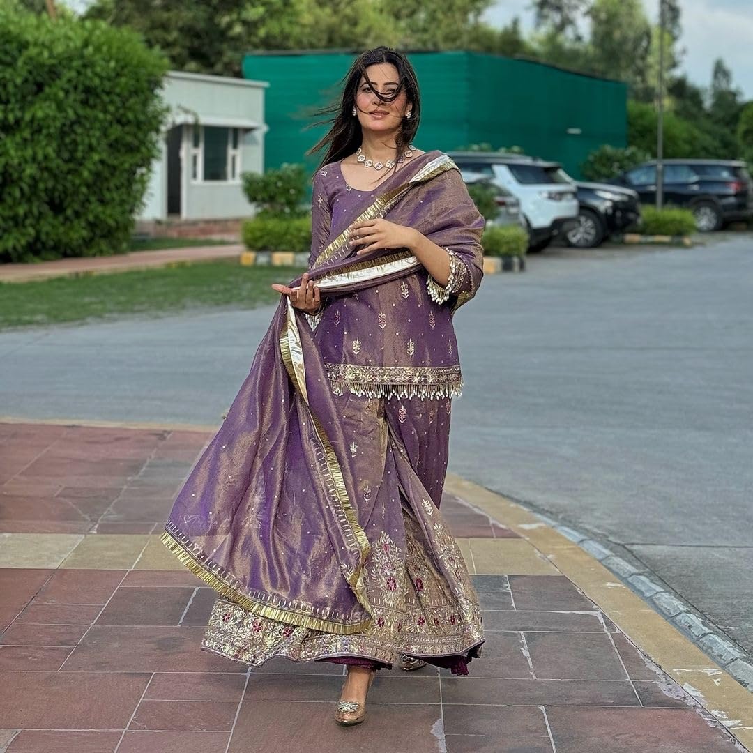 Anveri  Textiles Purple Net Embroidered Kurti Sharara Dupatta Set for Women – Round Neck, 3/4th Sleeves, Above Knee Length Kurta – Ethnic Party Wear Dress Ensemble