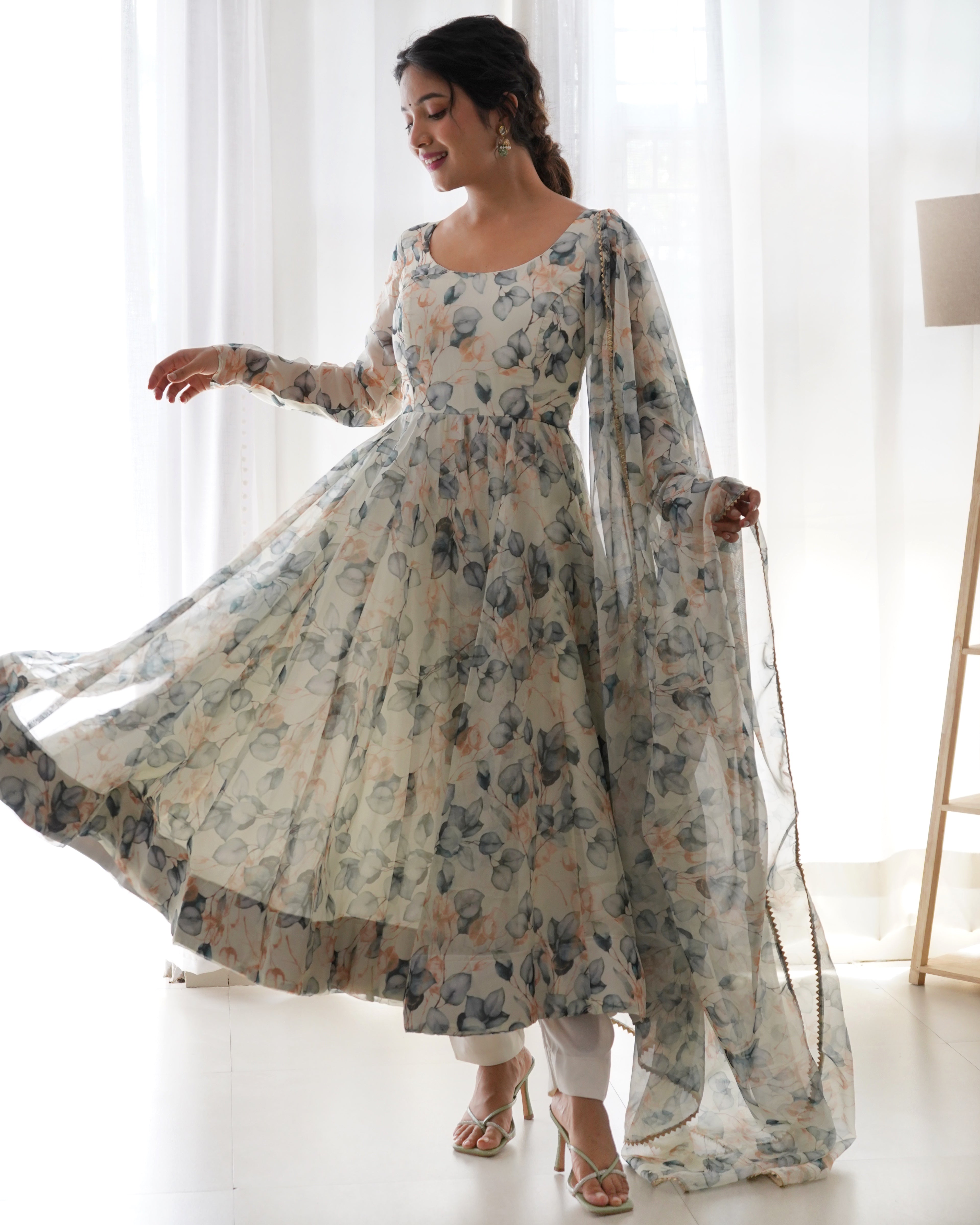 Pure Soft Organza Anarkali Suit Set With Huge Flair, Dupatta & Pant