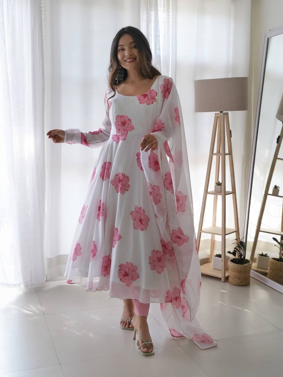 Pure Soft Organza Anarkali Suit Set With Huge Flair, Dupatta & Pant