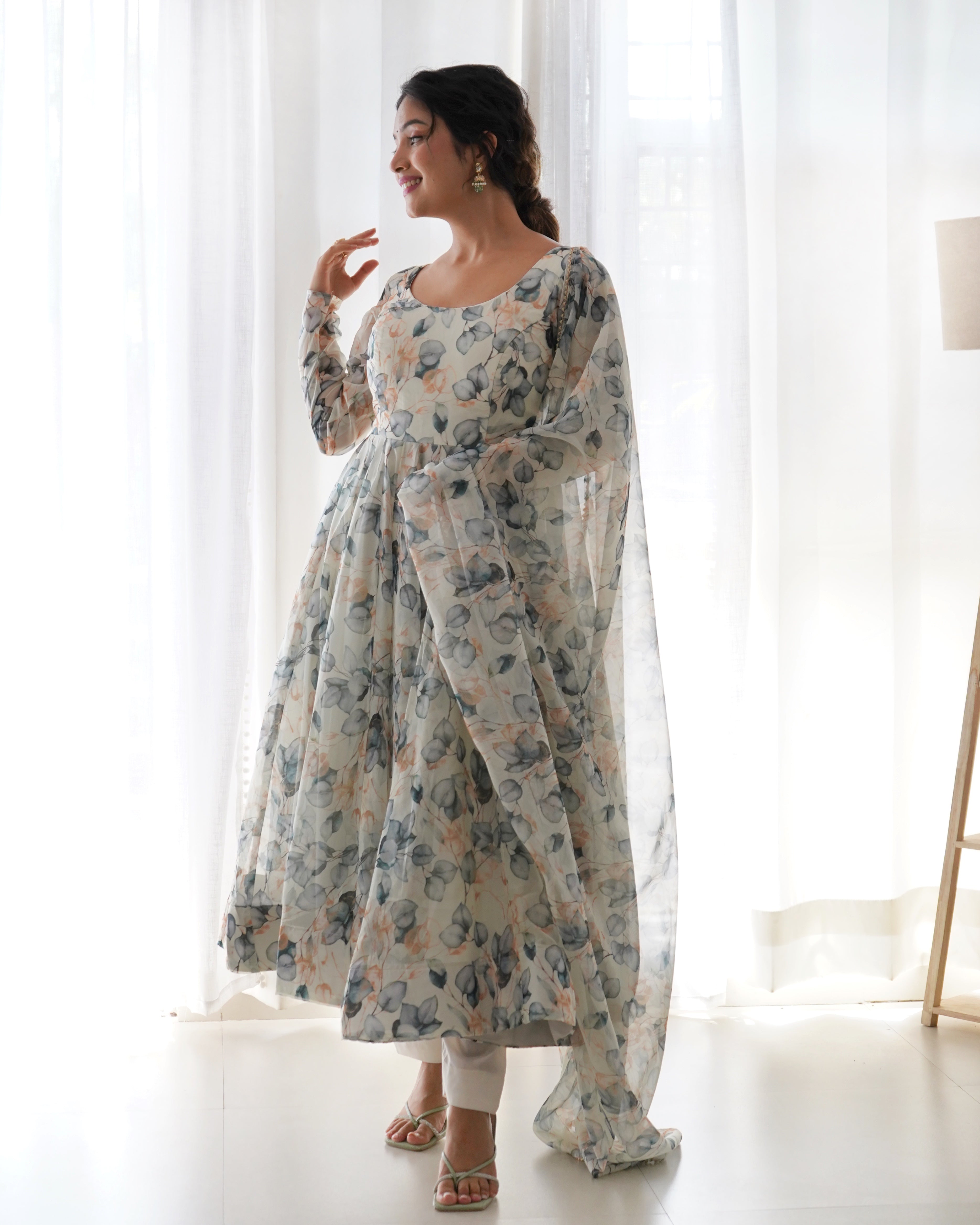 Pure Soft Organza Anarkali Suit Set With Huge Flair, Dupatta & Pant