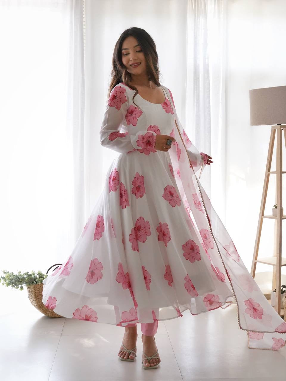 Pure Soft Organza Anarkali Suit Set With Huge Flair, Dupatta & Pant