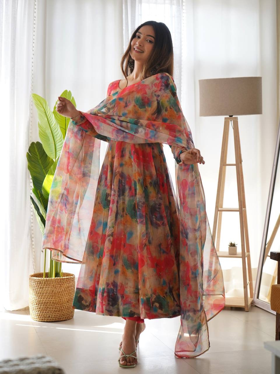 Pure Soft Organza Anarkali Suit Set With Huge Flair, Dupatta & Pant