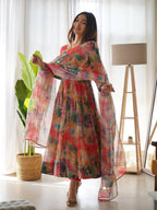 Pure Soft Organza Anarkali Suit Set With Huge Flair, Dupatta & Pant