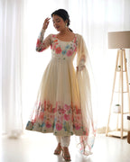 Pure Soft Organza Anarkali Suit Set Comes With Huge Flair, Dupatta & Pant