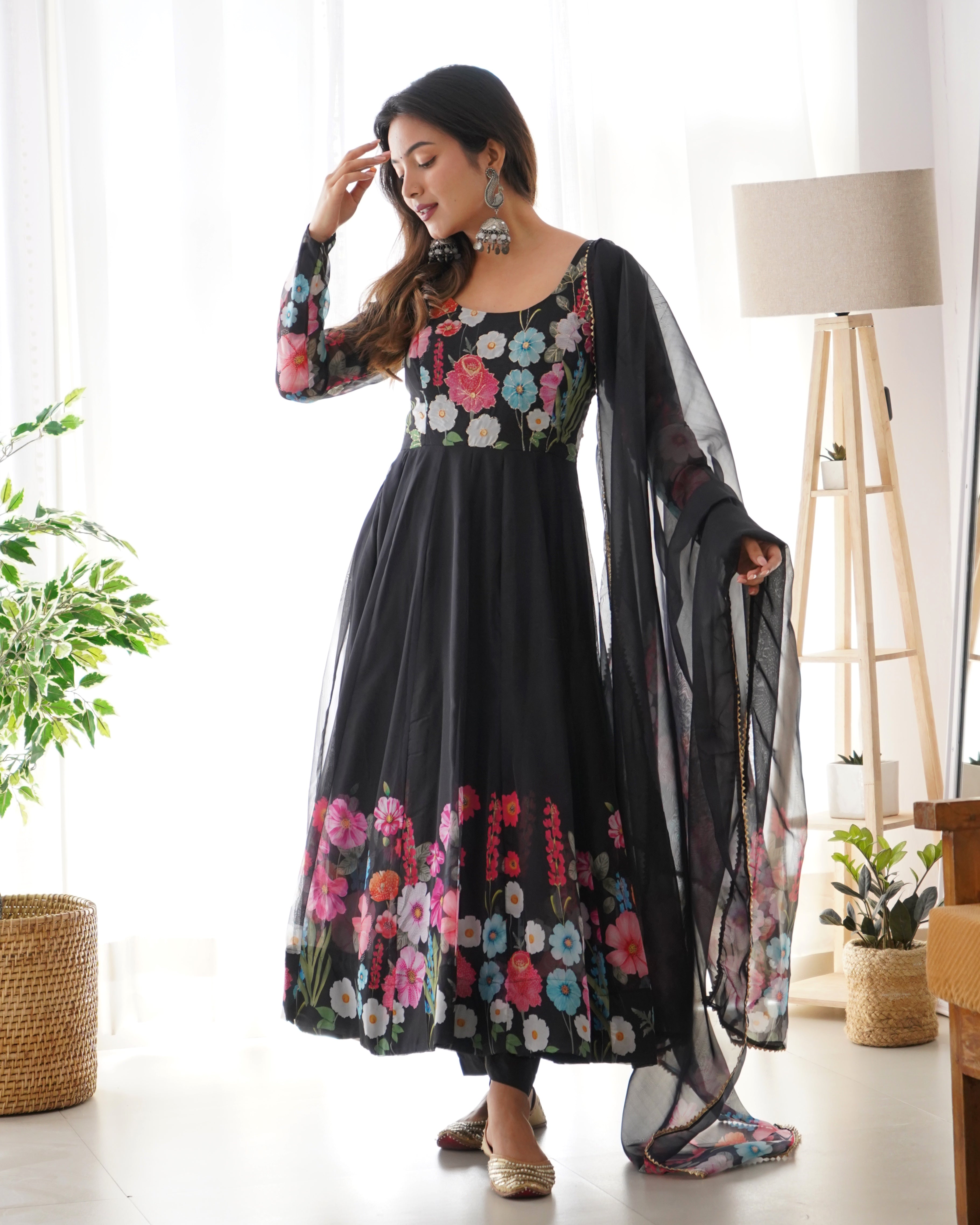 Pure Soft Organza Anarkali Suit Set Comes With Huge Flair, Dupatta & Pant