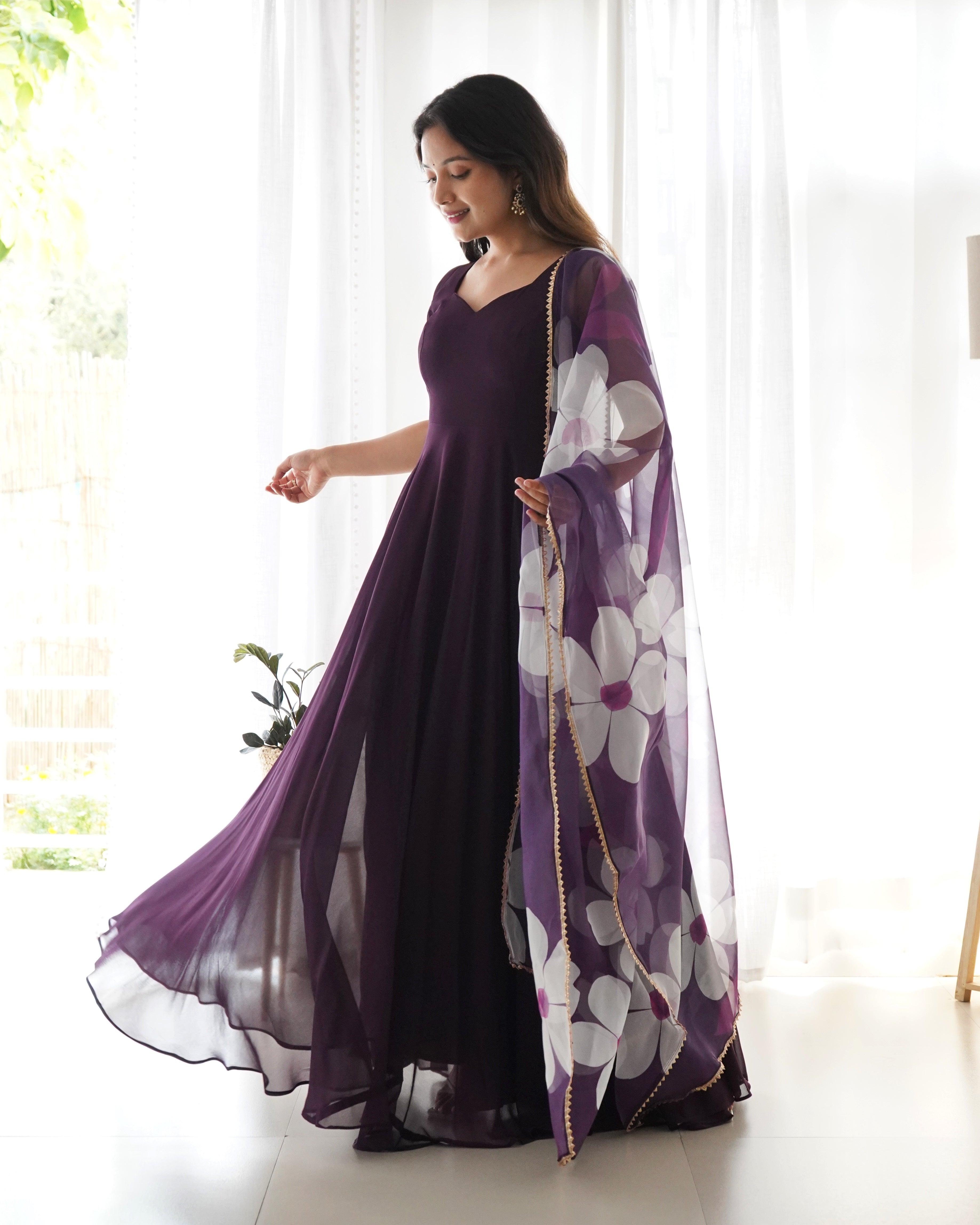 Pure Soft Fox Georgette Full Flared Gown Set With Huge Flair & Dupatta