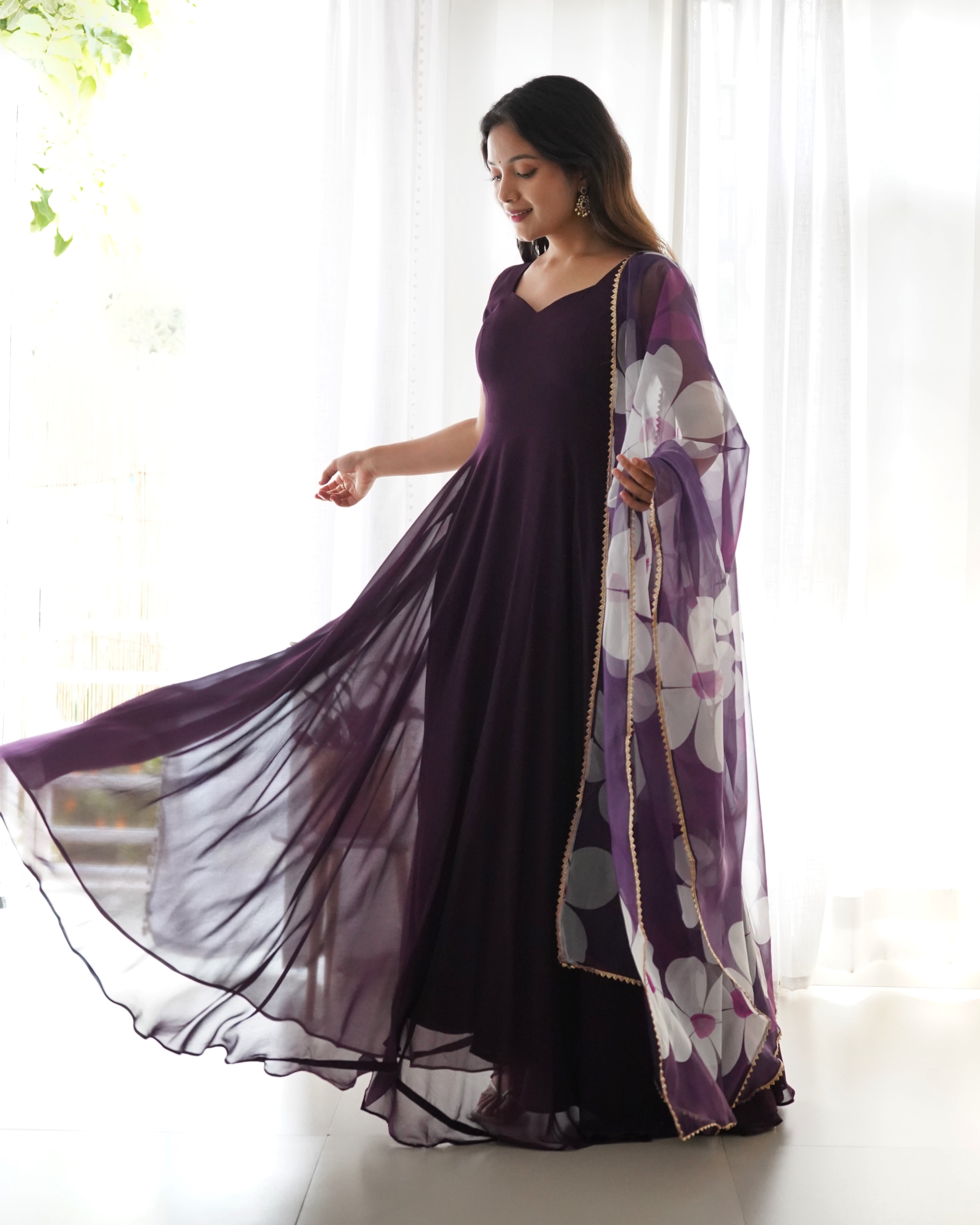 Pure Soft Fox Georgette Full Flared Gown Set With Huge Flair & Dupatta