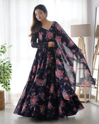 Pure Soft Fox Georgette Blue Anarkali Suit Set With Huge Flair & Dupatta