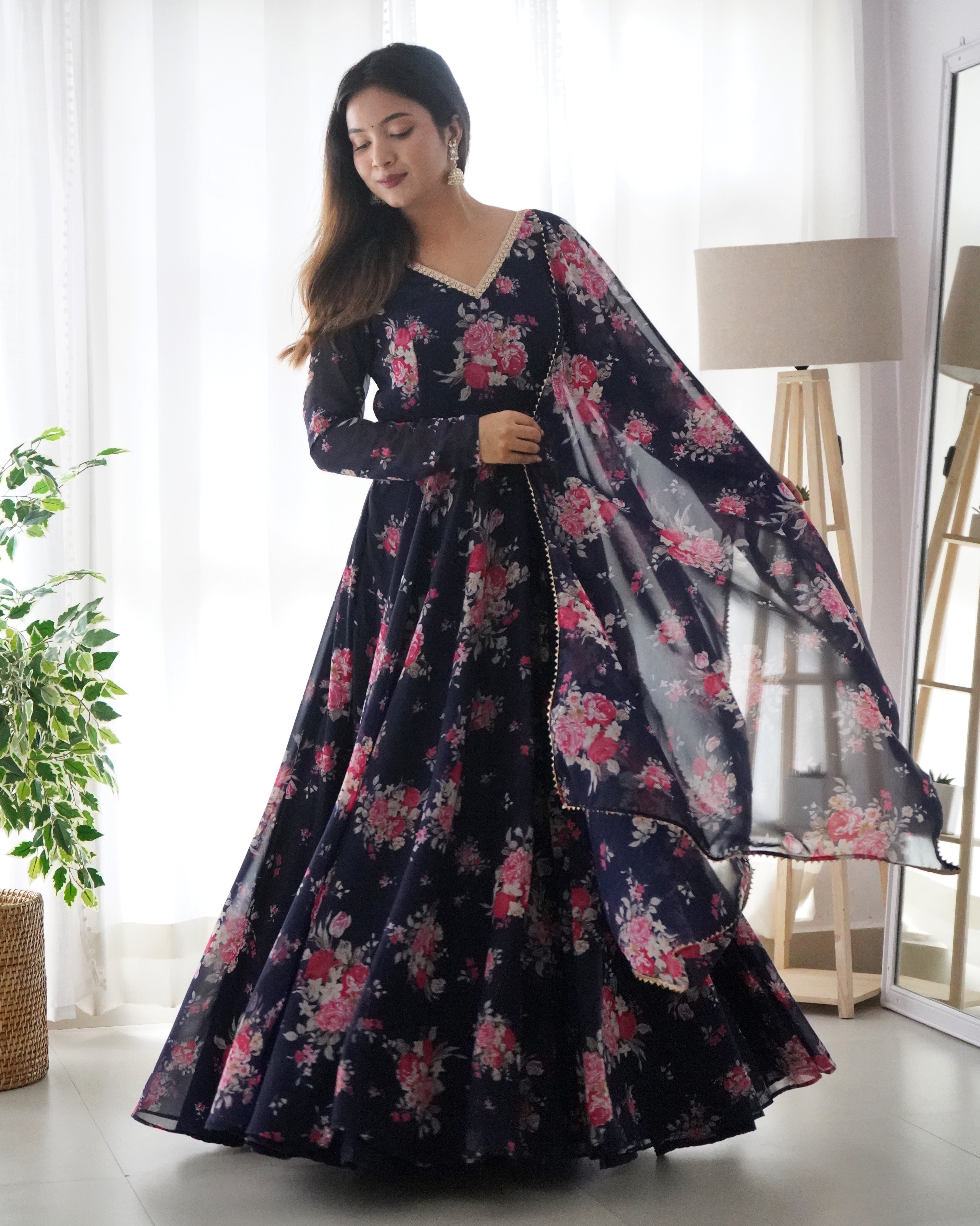 Pure Soft Fox Georgette Blue Anarkali Suit Set With Huge Flair & Dupatta
