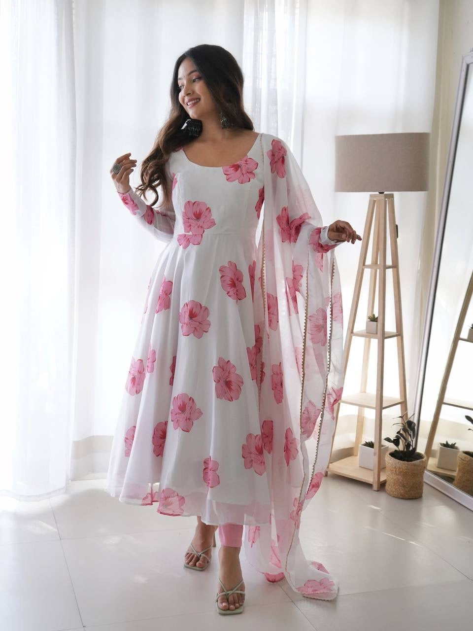 Pure Soft Organza Anarkali Suit Set With Huge Flair, Dupatta & Pant