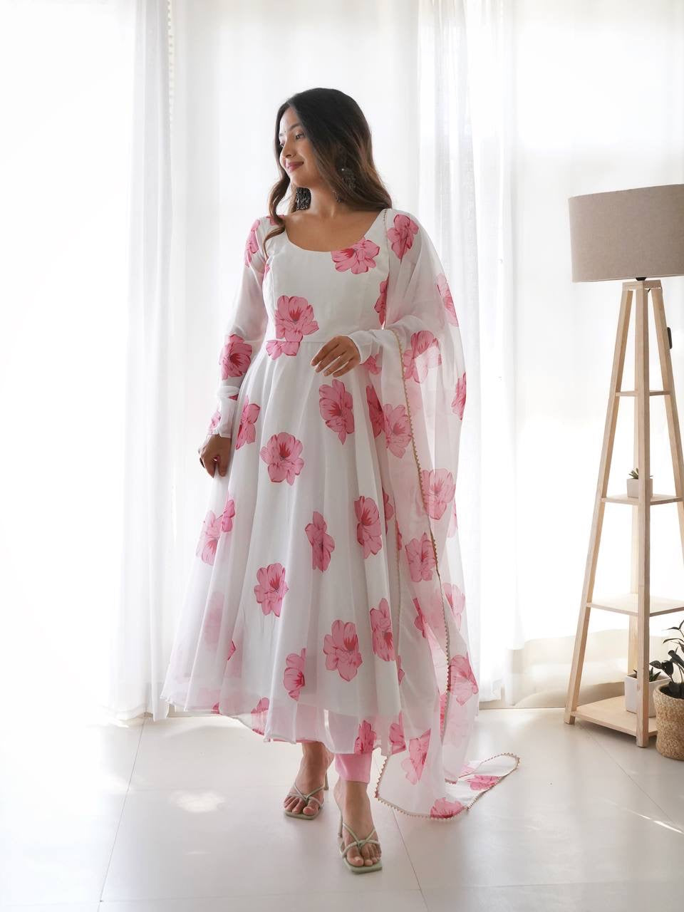 Pure Soft Organza Anarkali Suit Set With Huge Flair, Dupatta & Pant