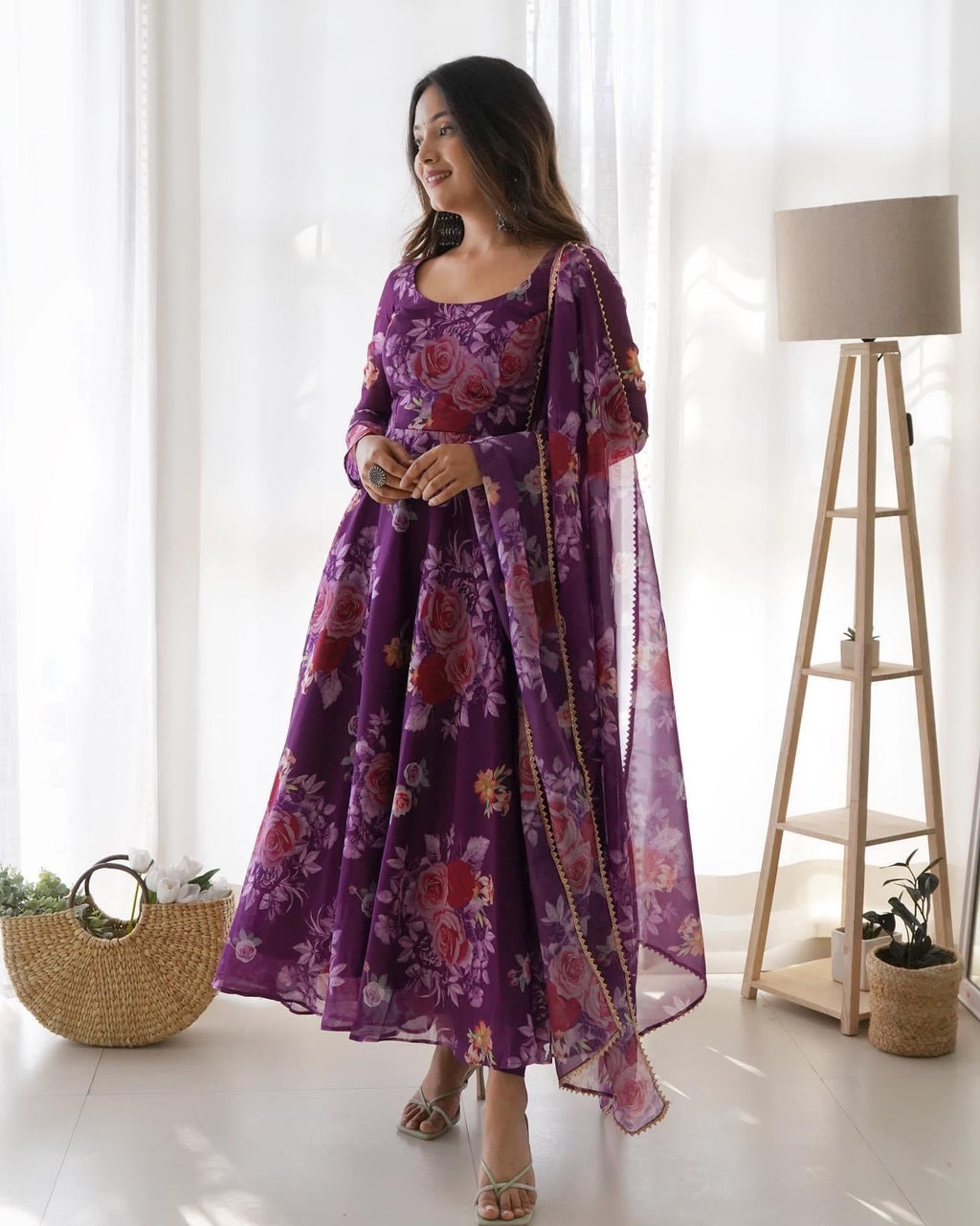 Pure Soft Organza Anarkali Suit Set With Huge Flair, Dupatta & Pant