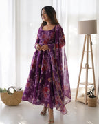 Pure Soft Organza Anarkali Suit Set With Huge Flair, Dupatta & Pant