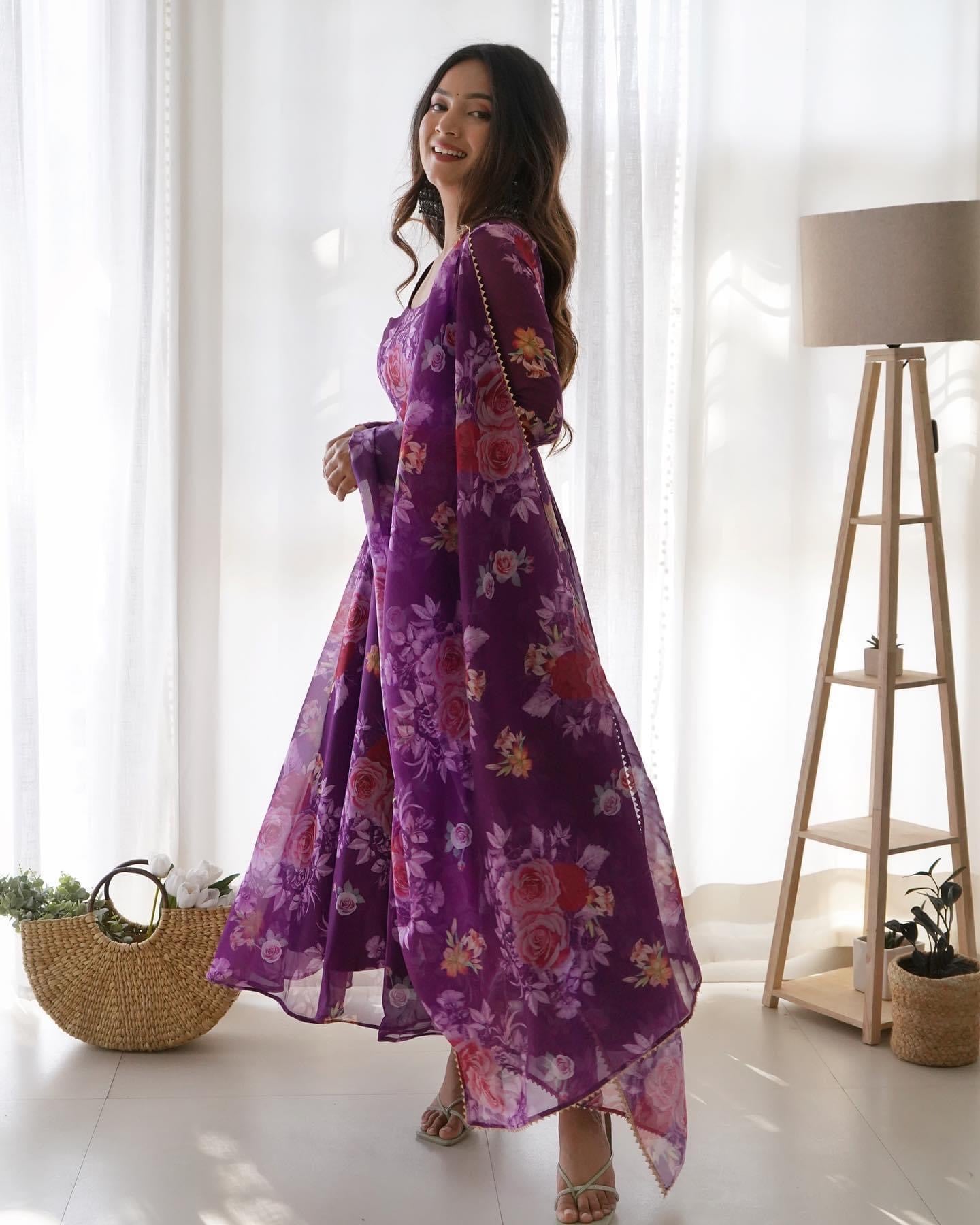 Pure Soft Organza Anarkali Suit Set With Huge Flair, Dupatta & Pant