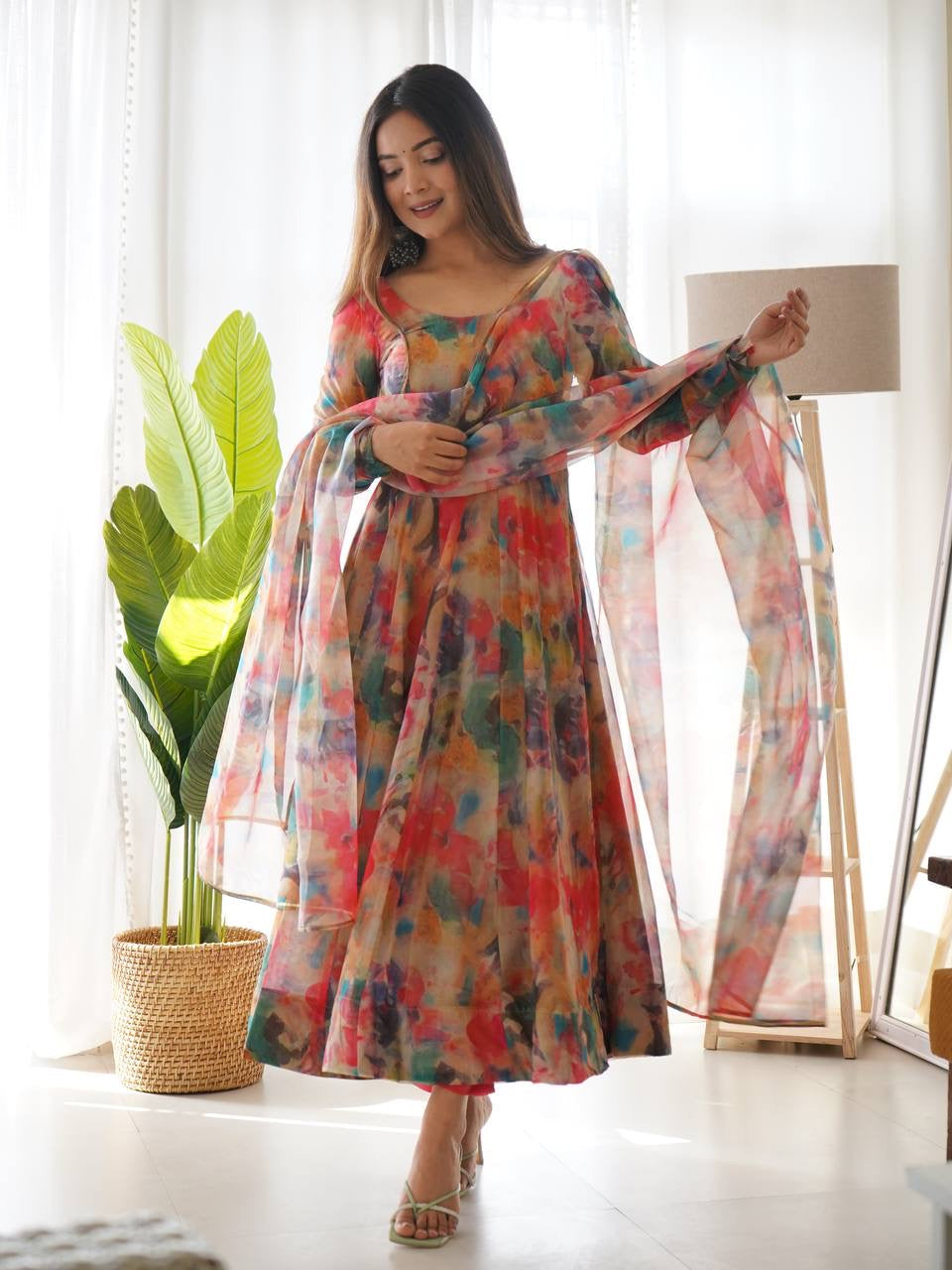 Pure Soft Organza Anarkali Suit Set With Huge Flair, Dupatta & Pant