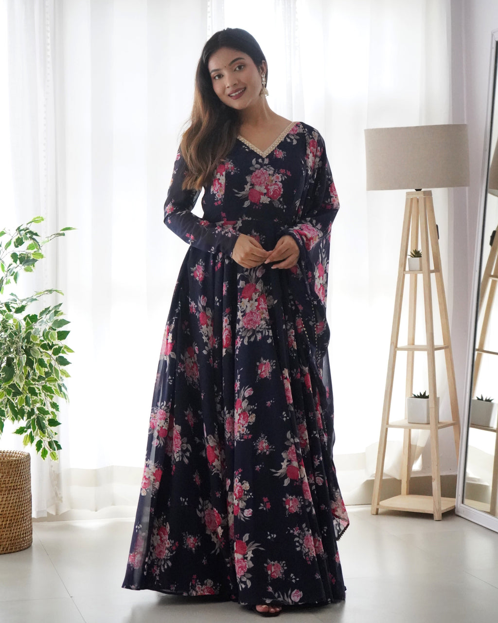 Pure Soft Fox Georgette Blue Anarkali Suit Set With Huge Flair & Dupatta