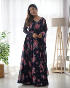 Pure Soft Fox Georgette Blue Anarkali Suit Set With Huge Flair & Dupatta