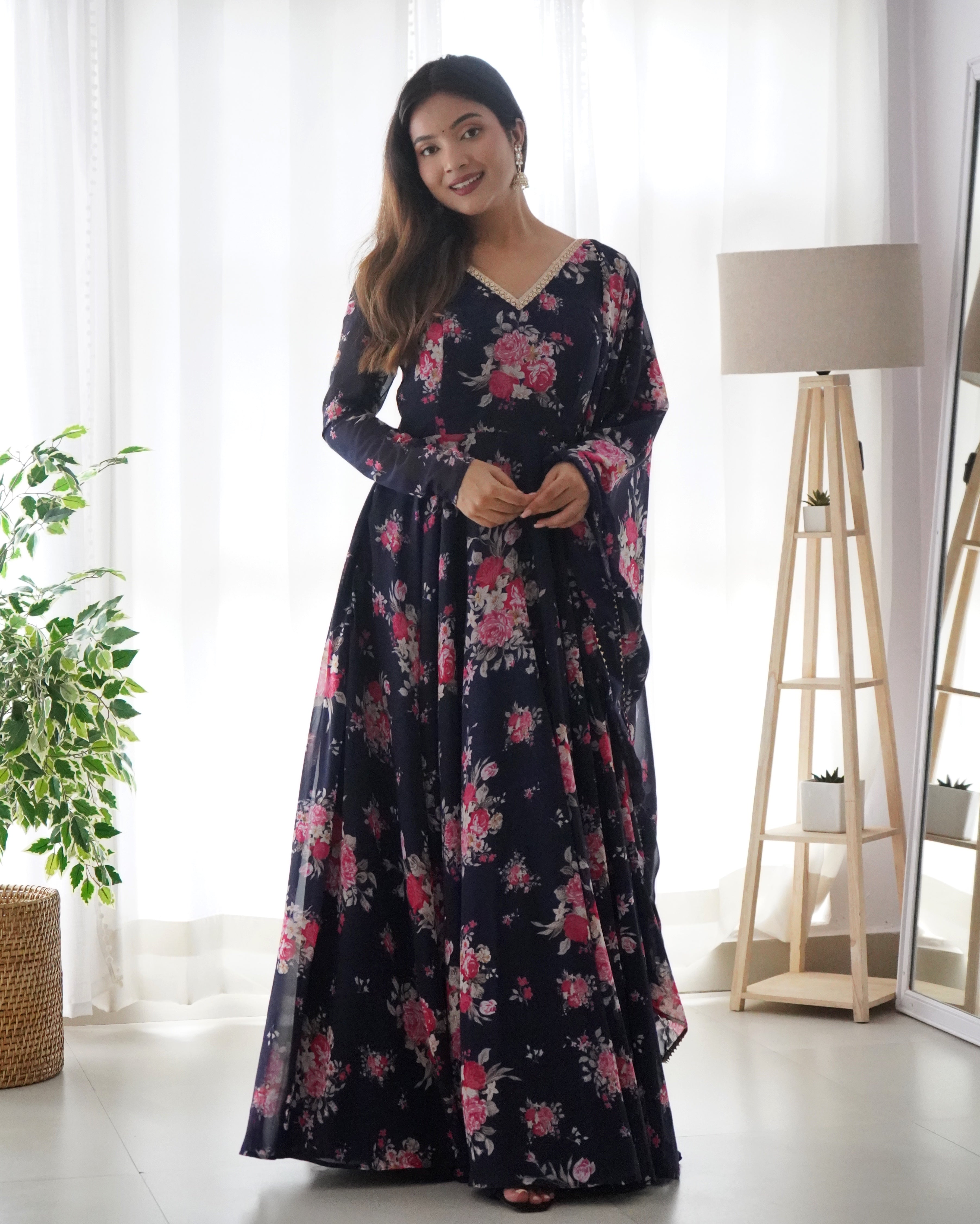 Pure Soft Fox Georgette Blue Anarkali Suit Set With Huge Flair & Dupatta