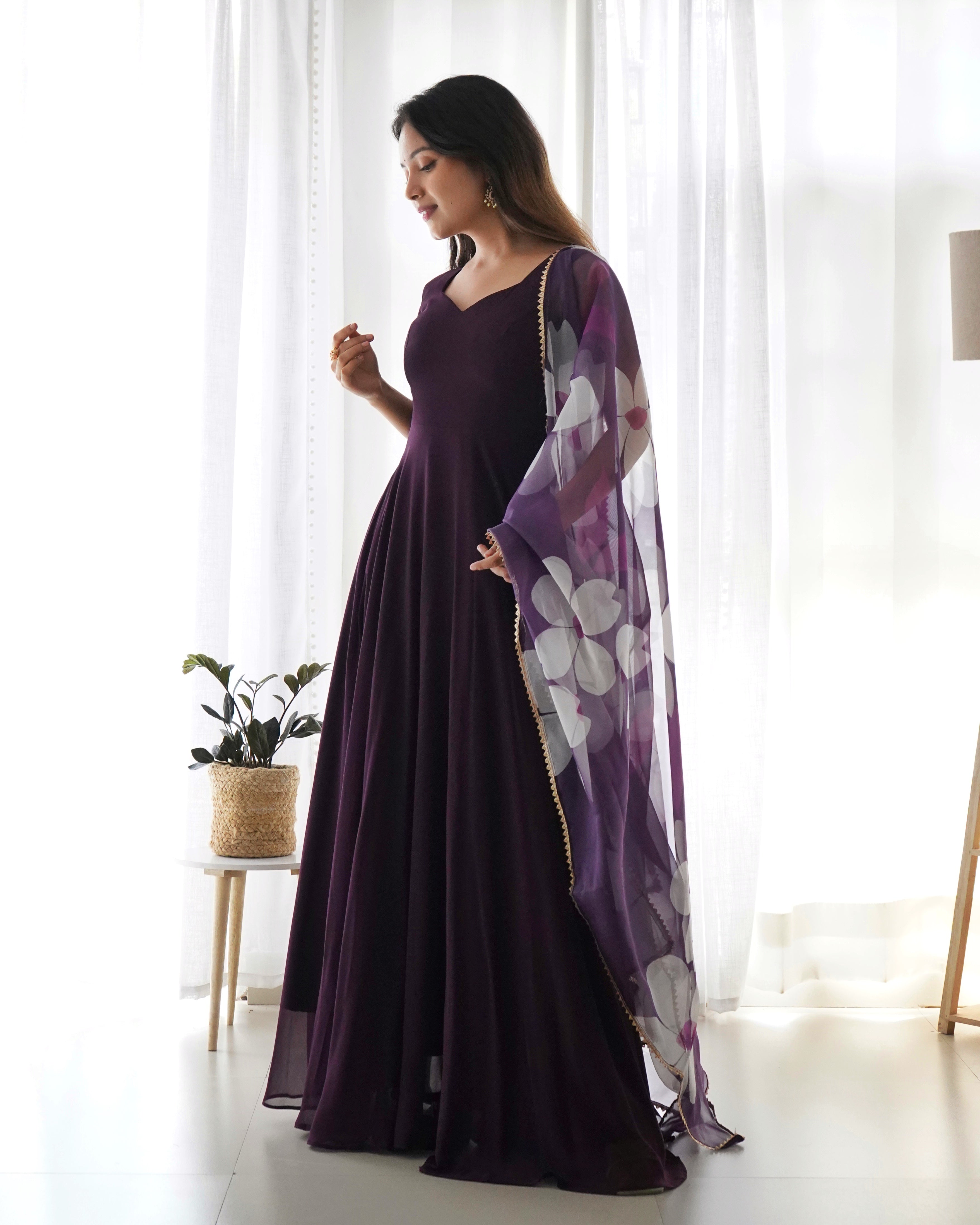 Pure Soft Fox Georgette Full Flared Gown Set With Huge Flair & Dupatta