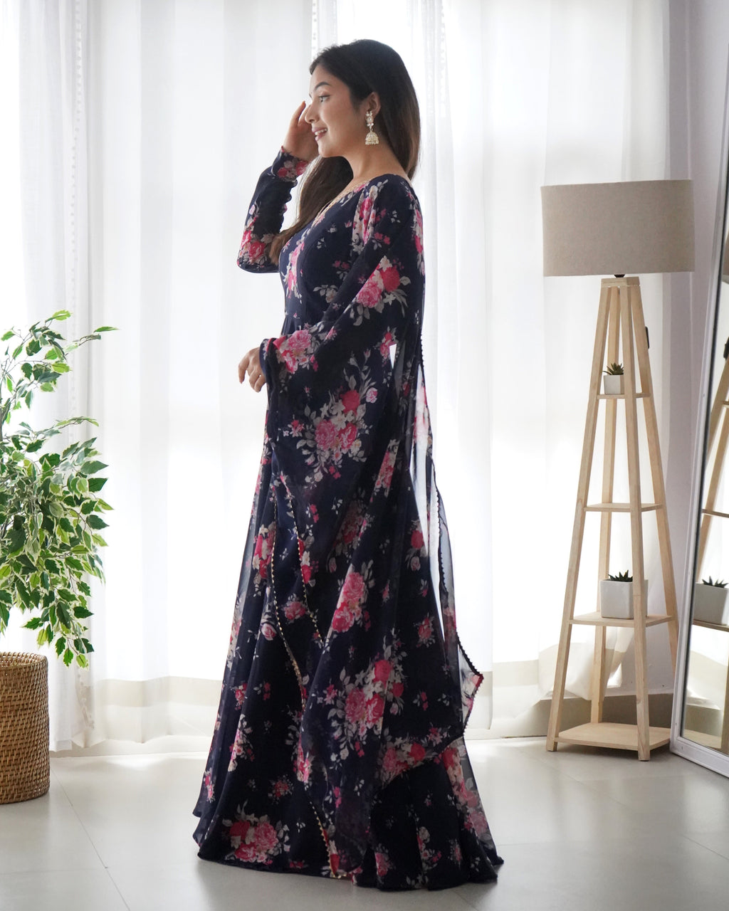 Pure Soft Fox Georgette Blue Anarkali Suit Set With Huge Flair & Dupatta