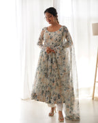 Pure Soft Organza Anarkali Suit Set With Huge Flair, Dupatta & Pant
