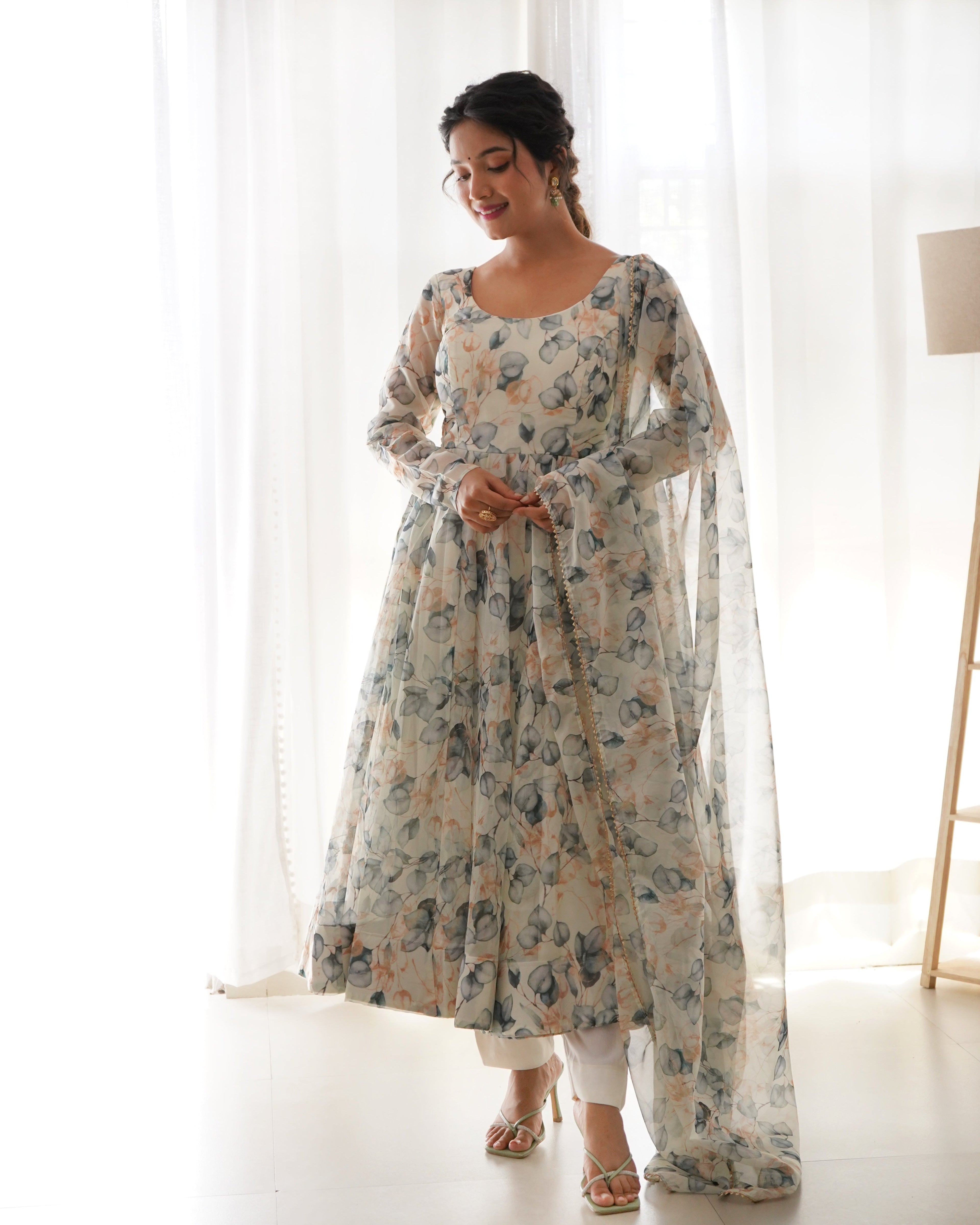 Pure Soft Organza Anarkali Suit Set With Huge Flair, Dupatta & Pant
