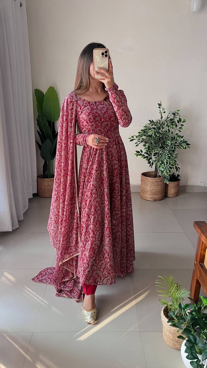 Pure Soft Fox Georgette Anarkali Suit Set With Huge Flair, Dupatta & Pant