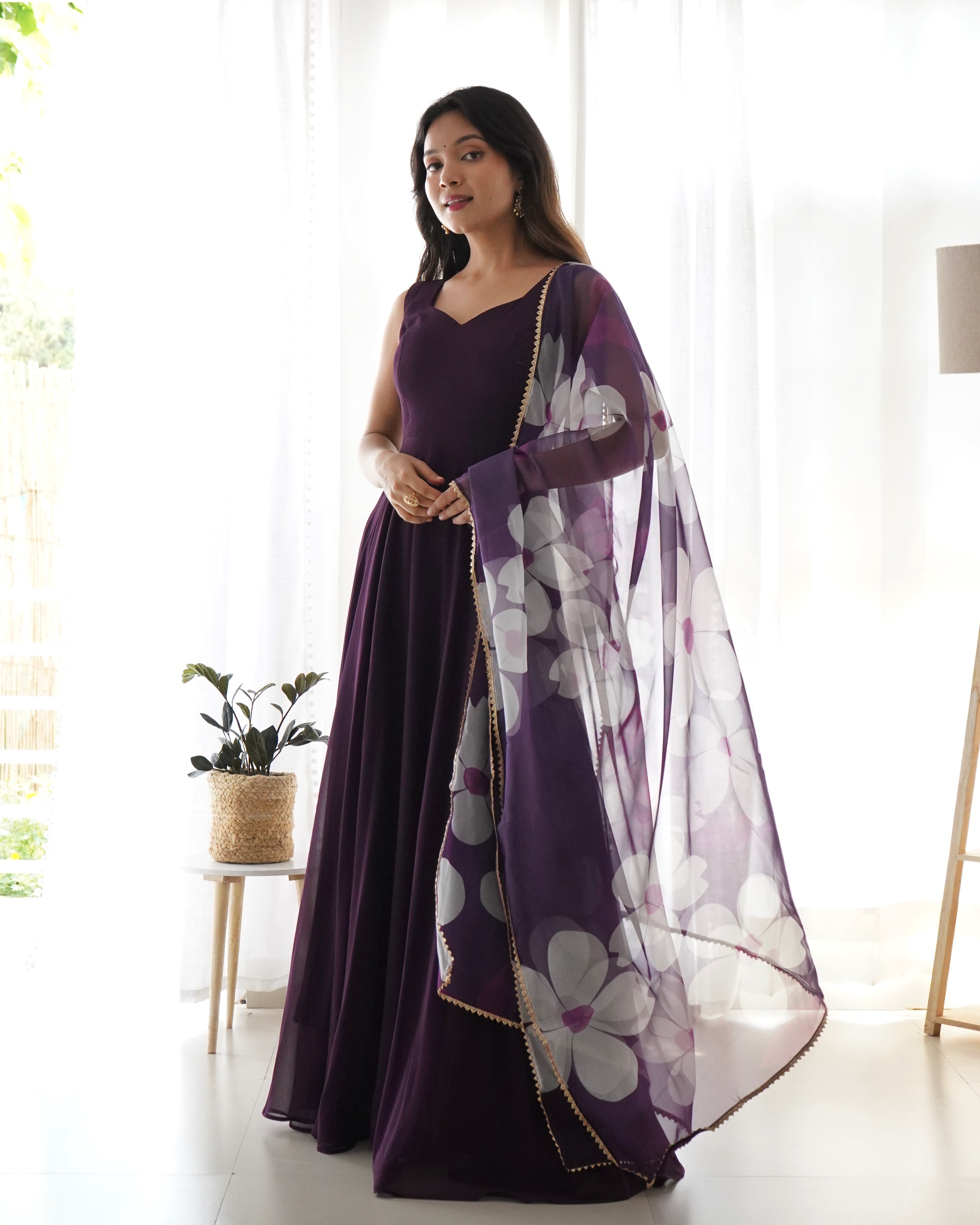 Pure Soft Fox Georgette Full Flared Gown Set With Huge Flair & Dupatta