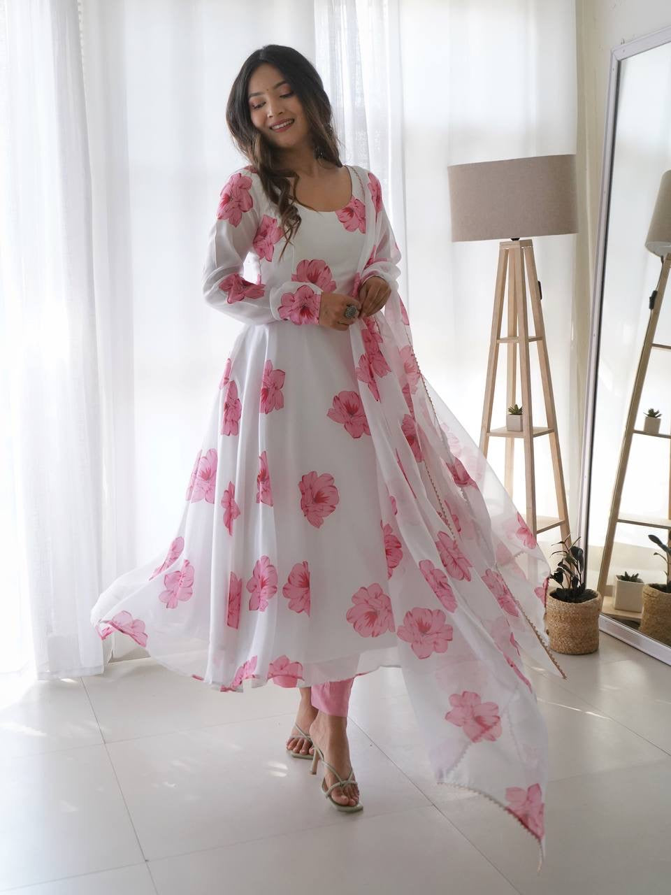 Pure Soft Organza Anarkali Suit Set With Huge Flair, Dupatta & Pant
