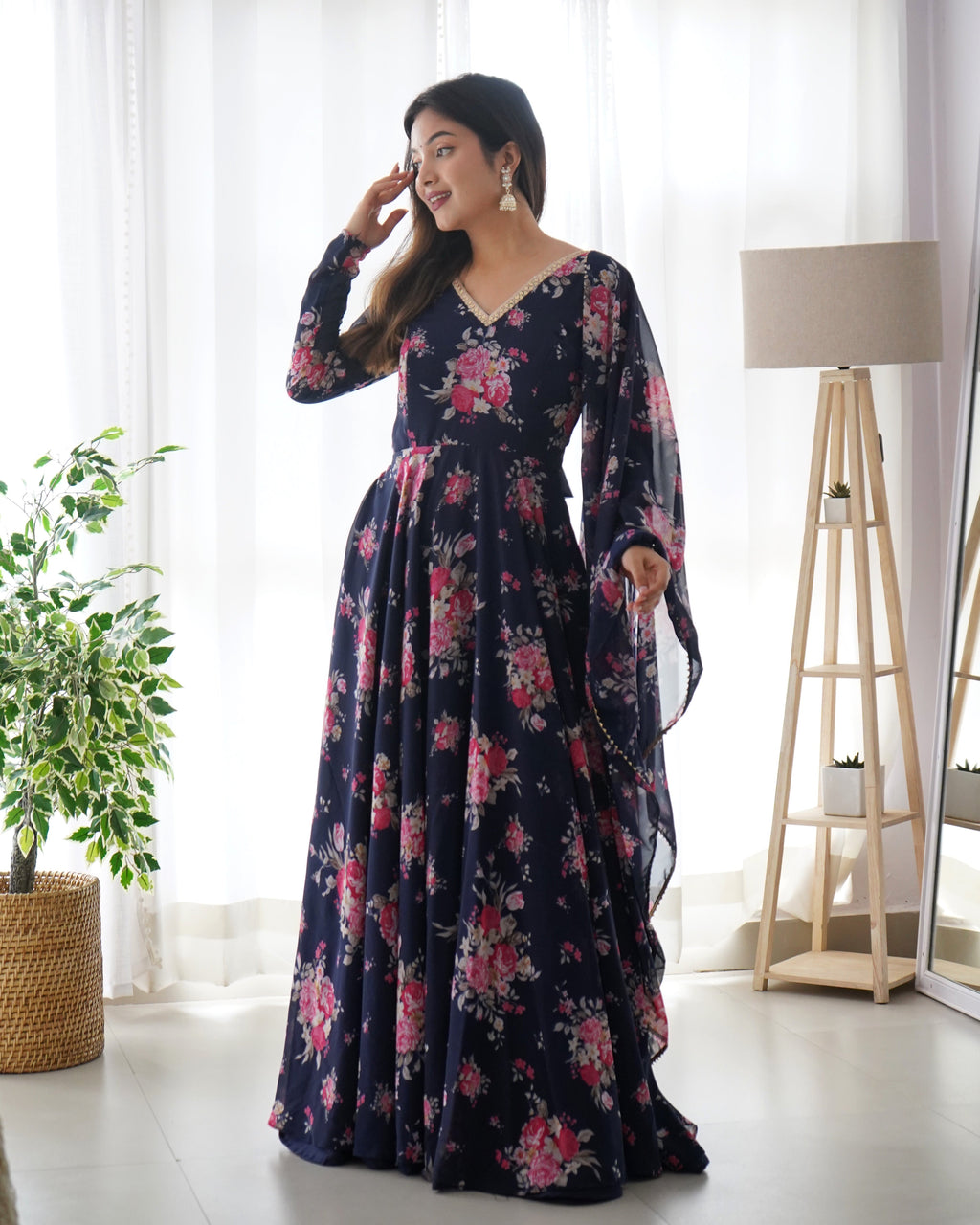 Pure Soft Fox Georgette Blue Anarkali Suit Set With Huge Flair & Dupatta