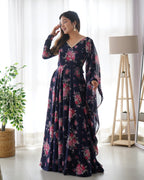Pure Soft Fox Georgette Blue Anarkali Suit Set With Huge Flair & Dupatta