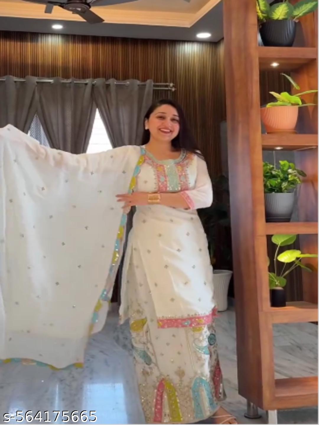 Anveri Elegant White Georgette Kurta Set with Multicolor Embroidery & Dupatta – Festive Ethnic Wear for Women