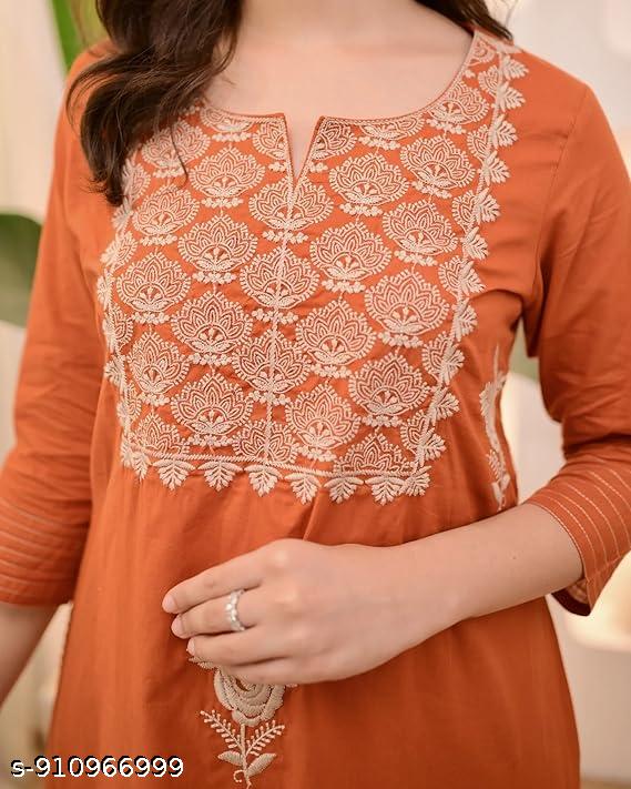Anveri Elegant Rust Orange Embroidered Kurta Set with Dupatta