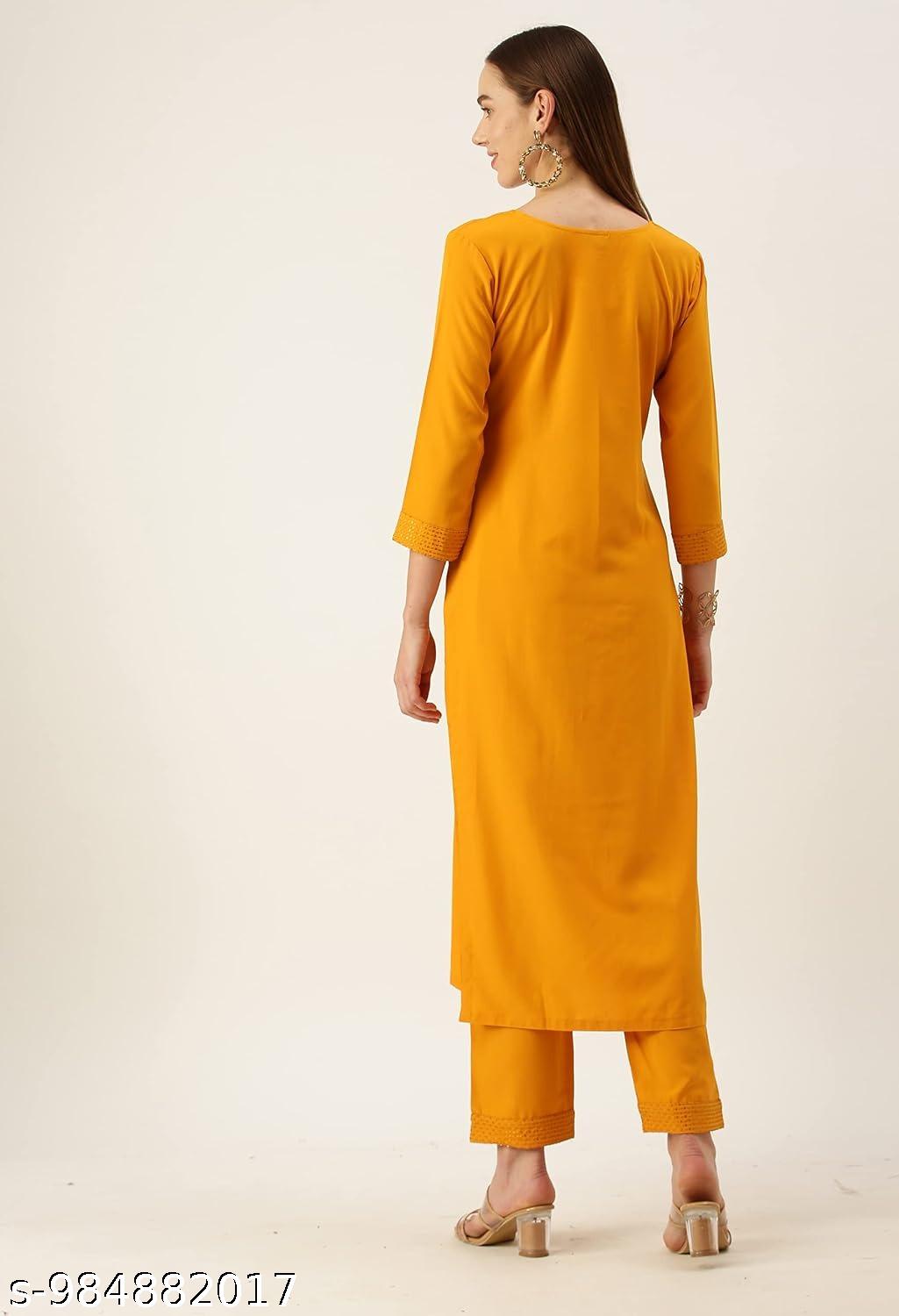Anveri Women's Orange Embroidered Straight Kurta Pant Set
